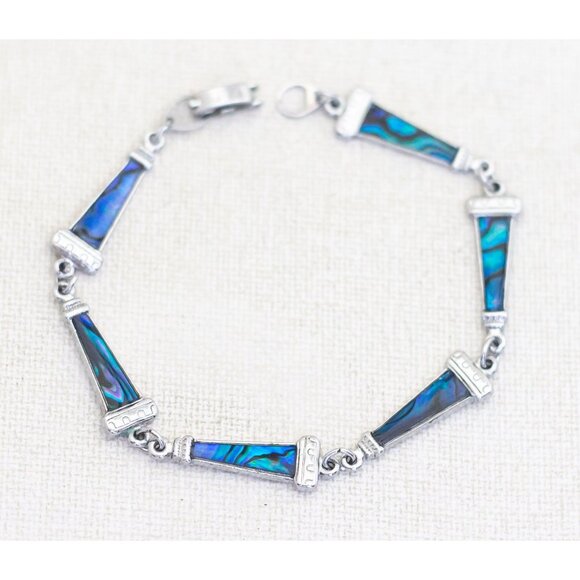 7 1/2 inch, Vintage Blue Triangles Silver Tone Bracelet - AB2 - Picture 1 of 3